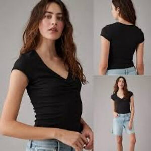 American Eagle Black Ribbed V-Neck Bodysuit S NWT
